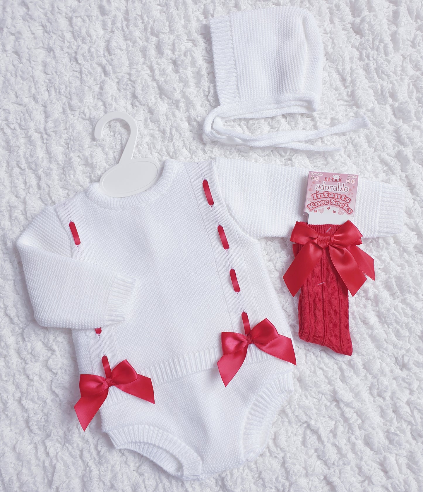 Baby Girls White/Red Spanish Knitted Ribbon Slot Bow Jam Pants Set