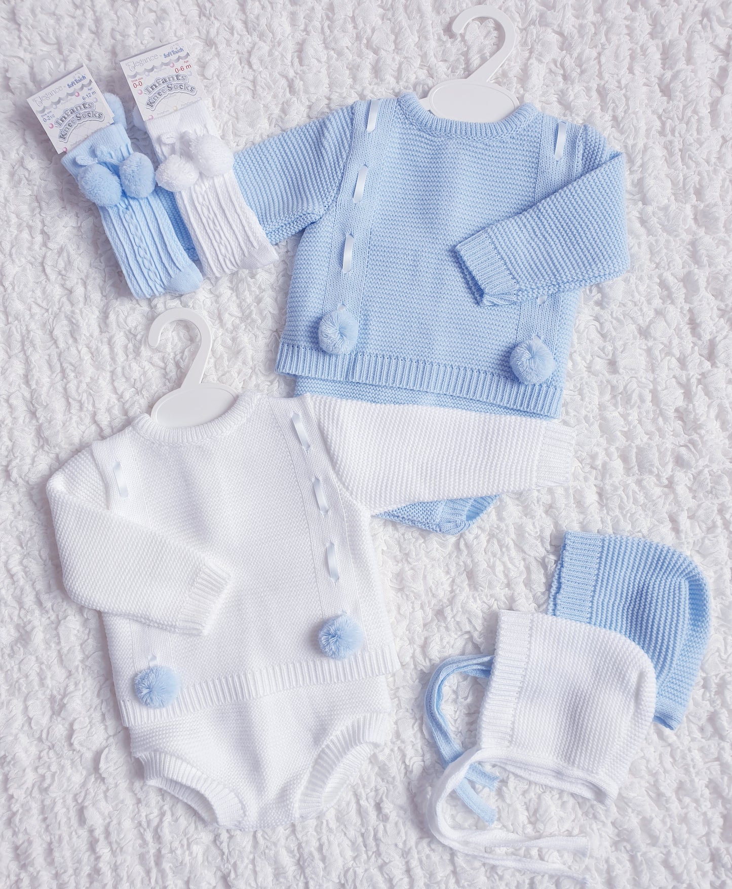 Baby Boys White/Blue Spanish Knitted Ribbon Slot Pom Pom Jam Pants Set