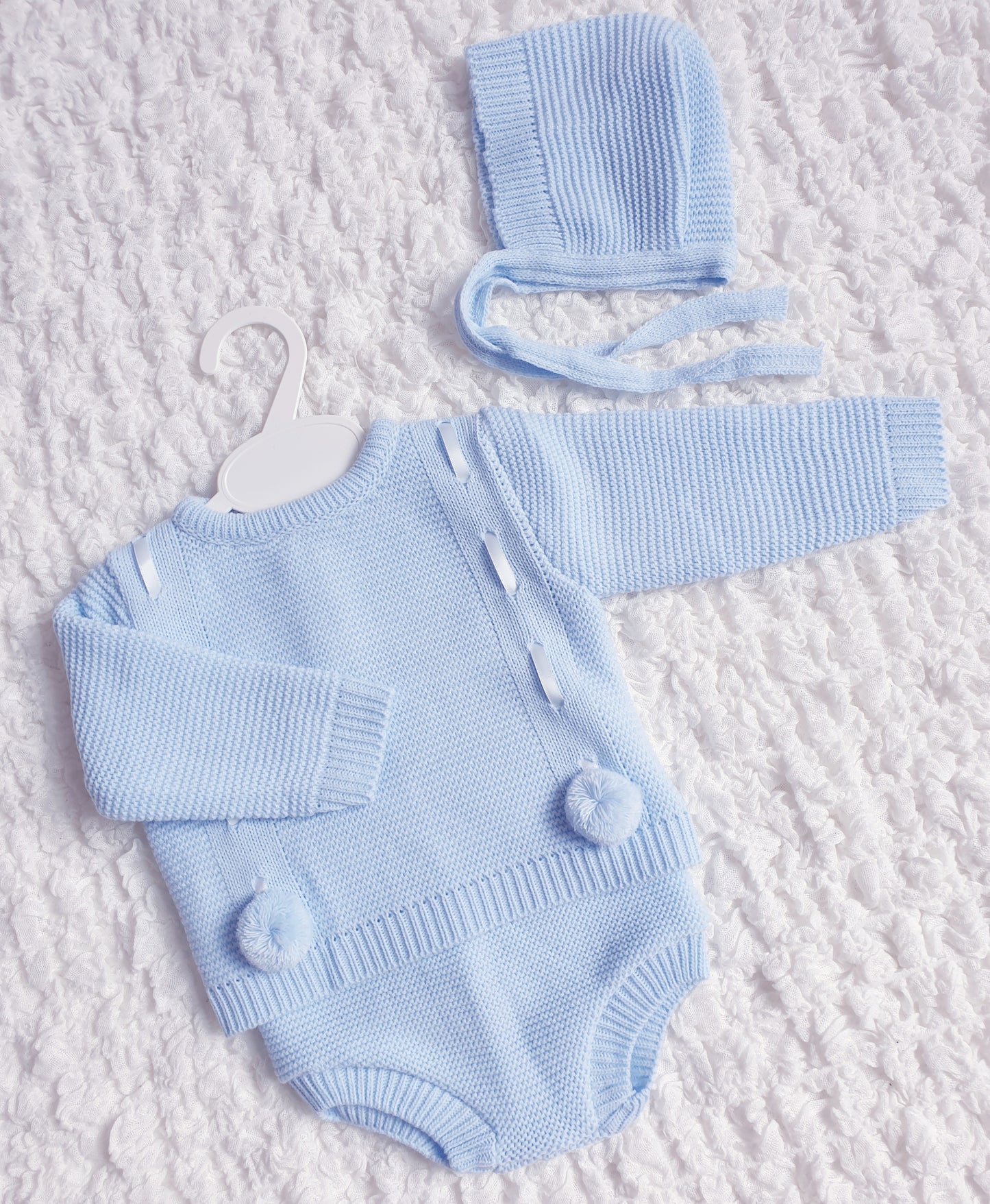 Baby Boys Blue Spanish Knitted Ribbon Slot Pom Pom Jam Pants Set