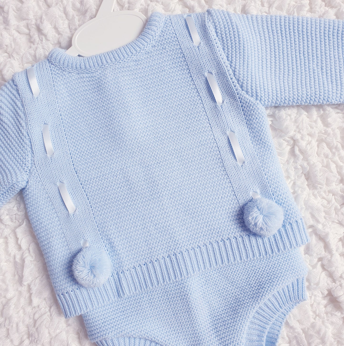 Baby Boys Blue Spanish Knitted Ribbon Slot Pom Pom Jam Pants Set