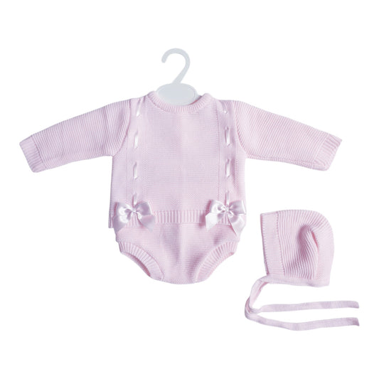 Baby Girls Pink Spanish Knitted Ribbon Slot Bow Jam Pants Set