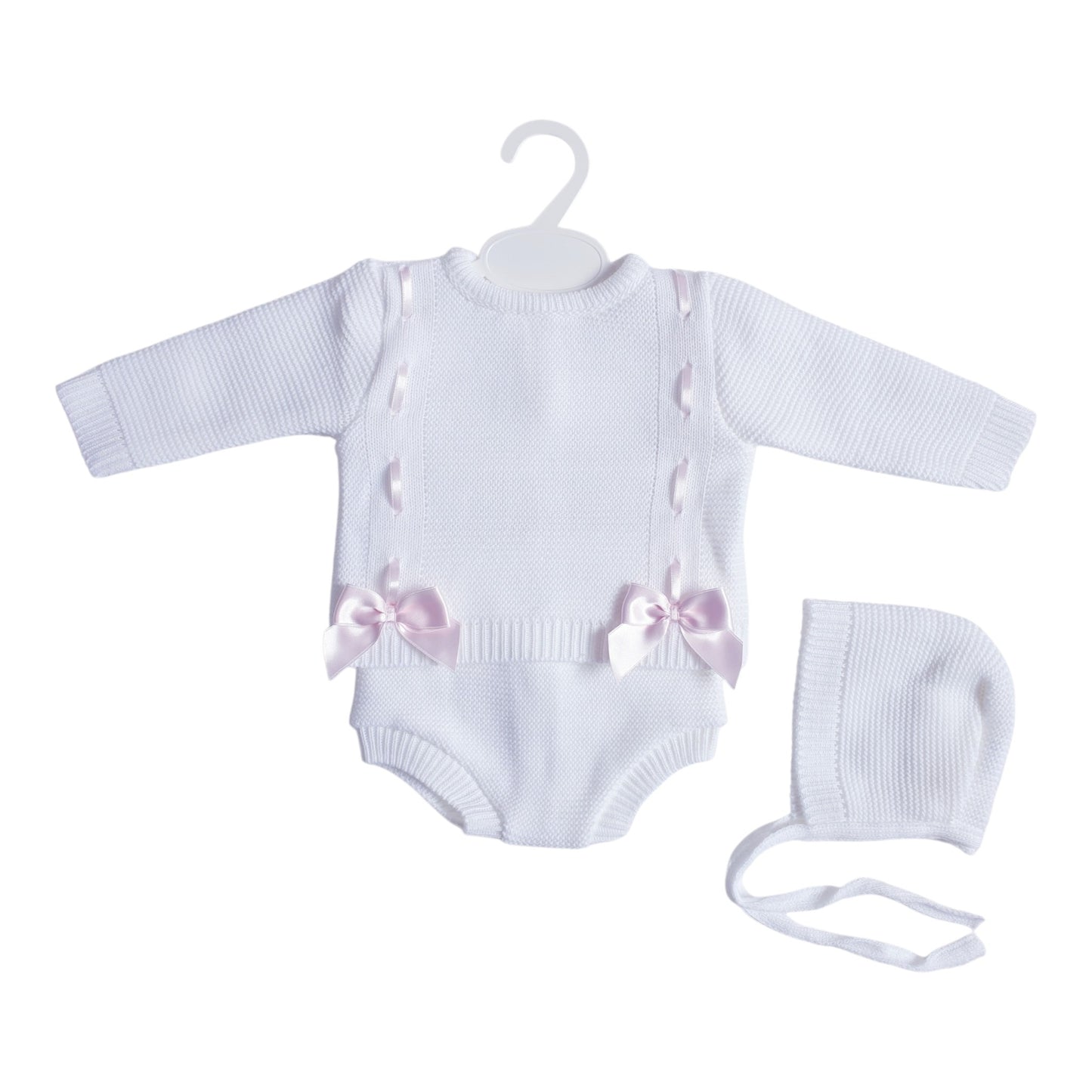 Baby Girls White/Pink Spanish Knitted Ribbon Slot Bow Jam Pants Set
