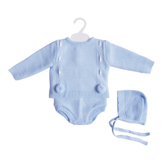 Baby Boys Blue Spanish Knitted Ribbon Slot Pom Pom Jam Pants Set