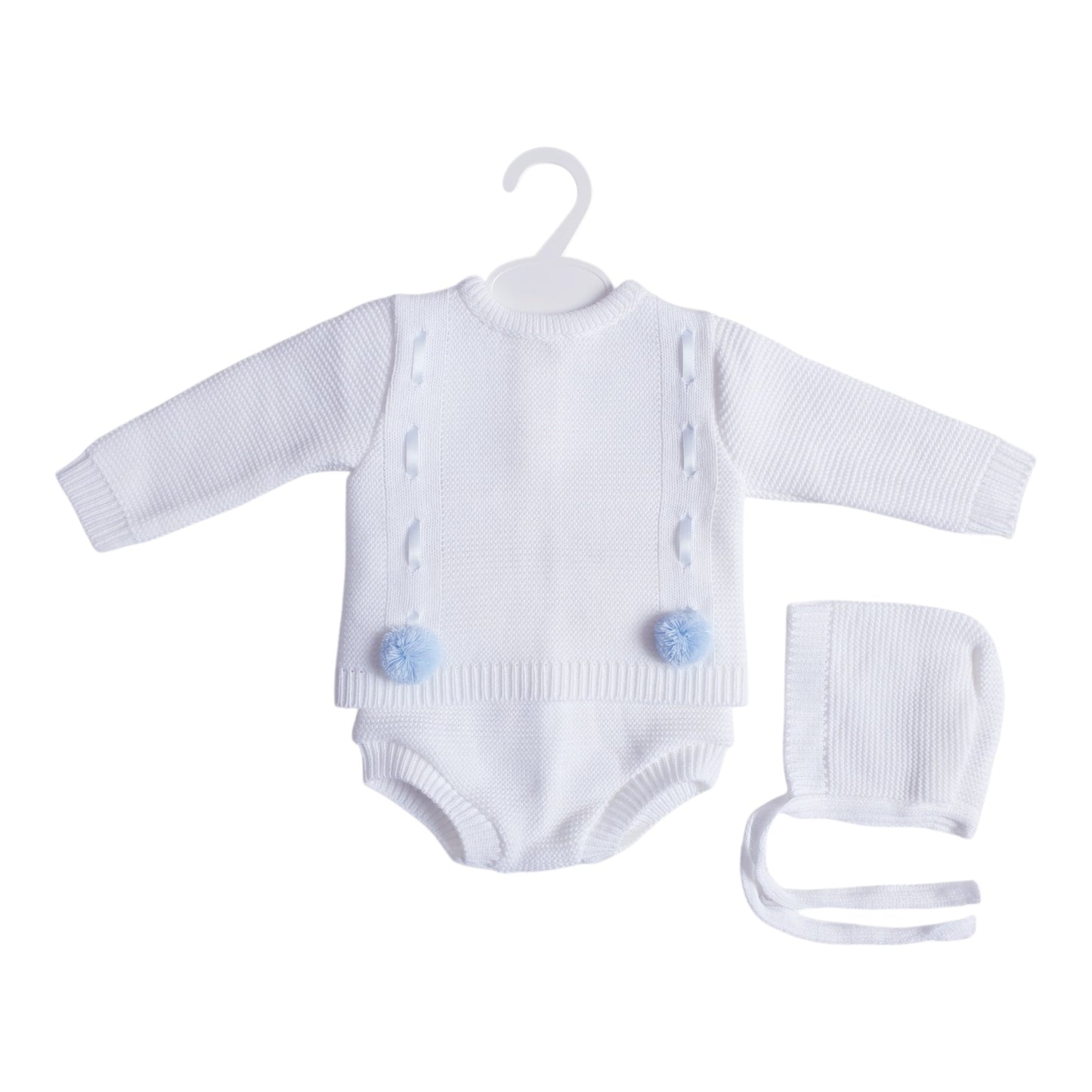 Baby Boys White/Blue Spanish Knitted Ribbon Slot Pom Pom Jam Pants Set