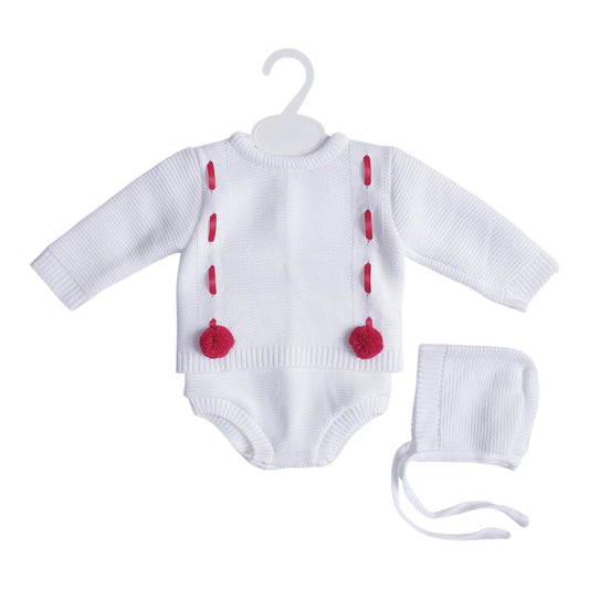 Baby Boys White/Red Spanish Knitted Ribbon Slot Pom Pom Jam Pants Set