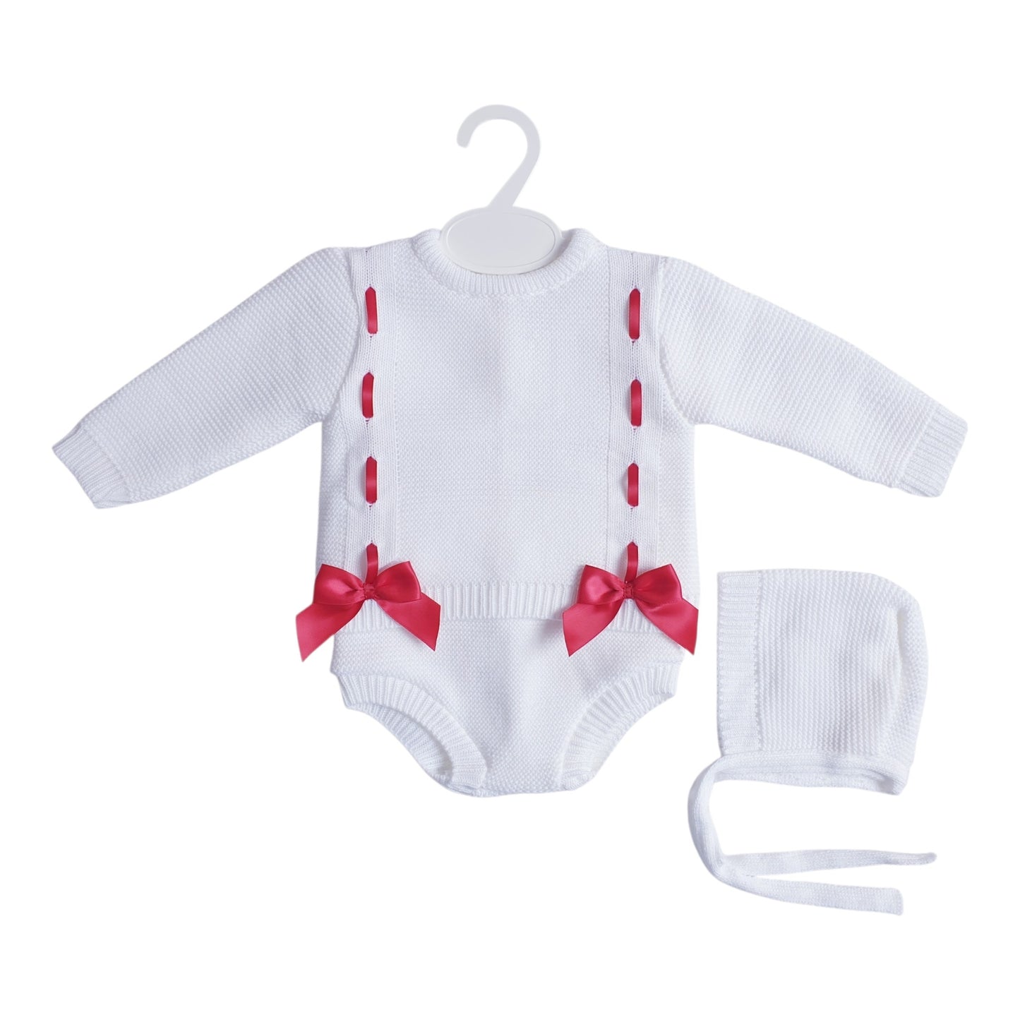 Baby Girls White/Red Spanish Knitted Ribbon Slot Bow Jam Pants Set