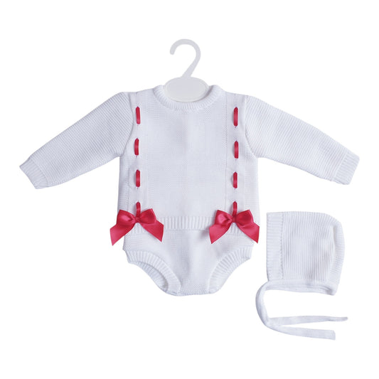 Baby Girls White/Red Spanish Knitted Ribbon Slot Bow Jam Pants Set