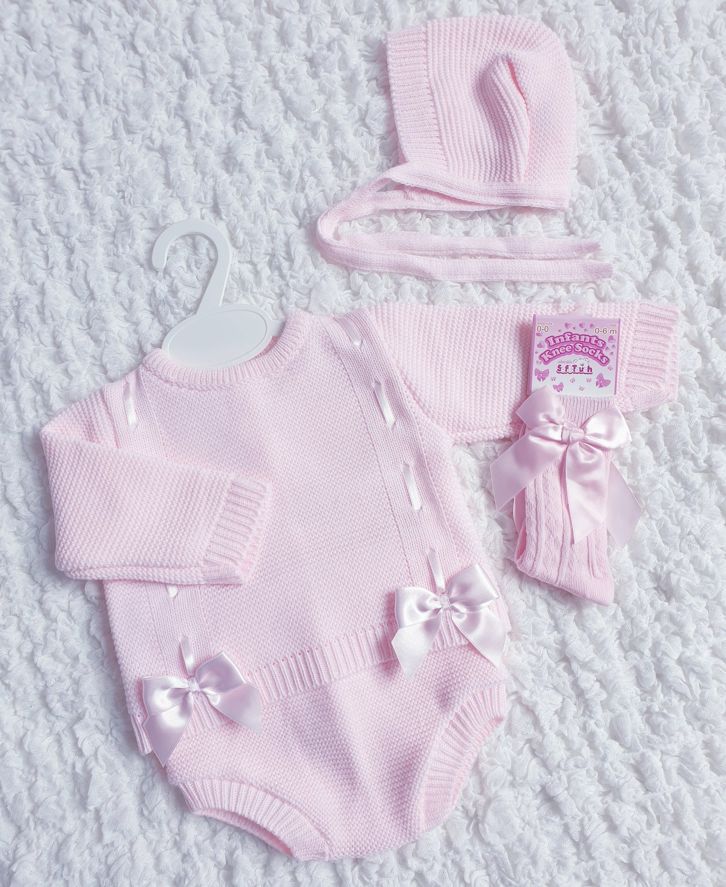Baby Girls Pink Spanish Knitted Ribbon Slot Bow Jam Pants Set