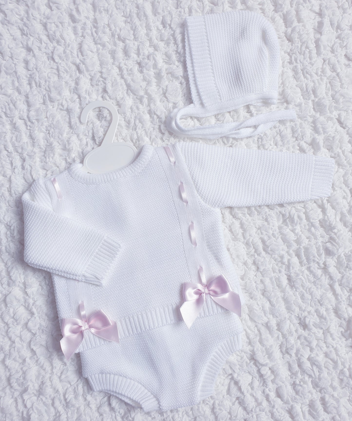 Baby Girls White/Pink Spanish Knitted Ribbon Slot Bow Jam Pants Set