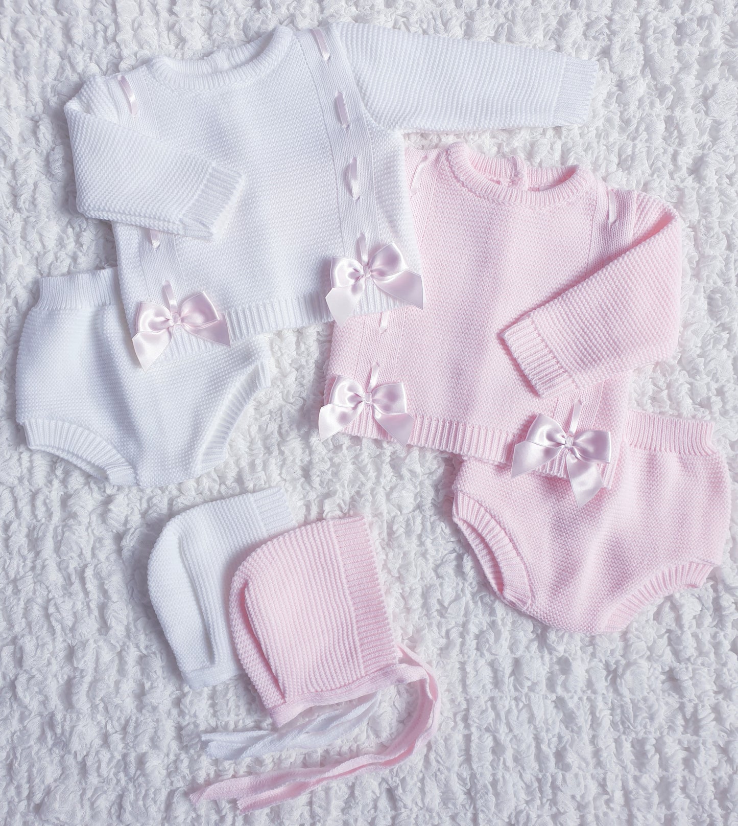 Baby Girls White/Pink Spanish Knitted Ribbon Slot Bow Jam Pants Set