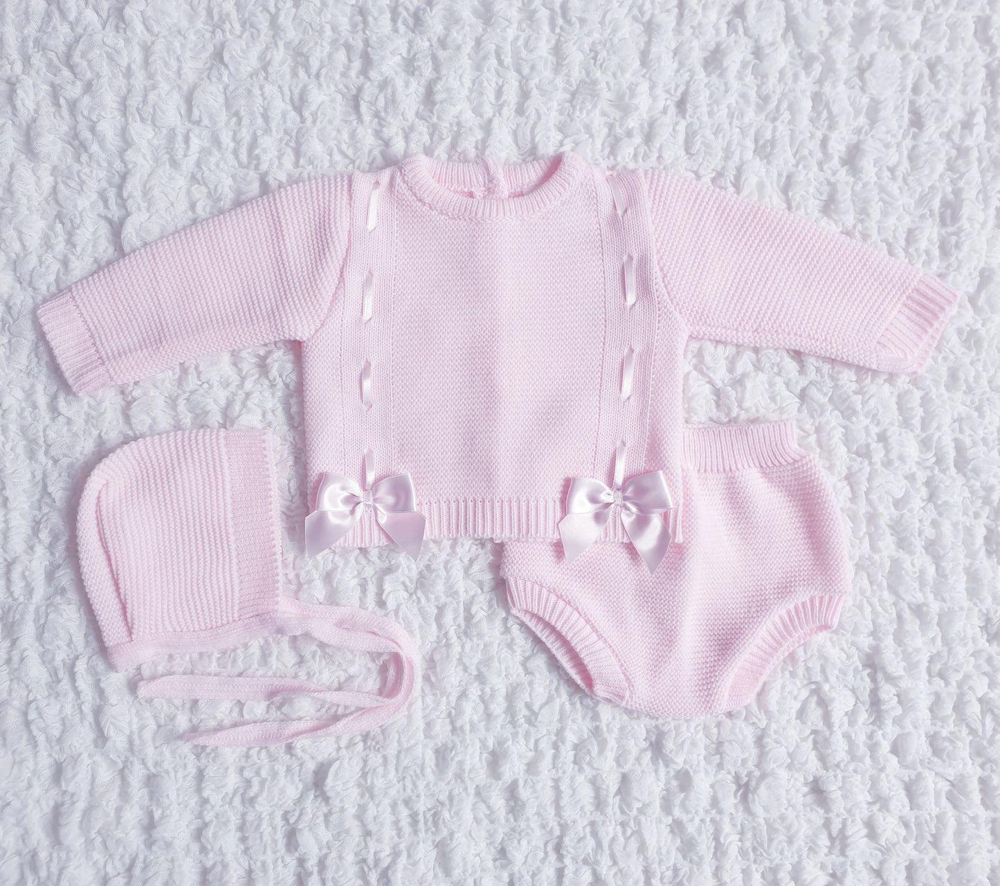 Baby Girls Pink Spanish Knitted Ribbon Slot Bow Jam Pants Set