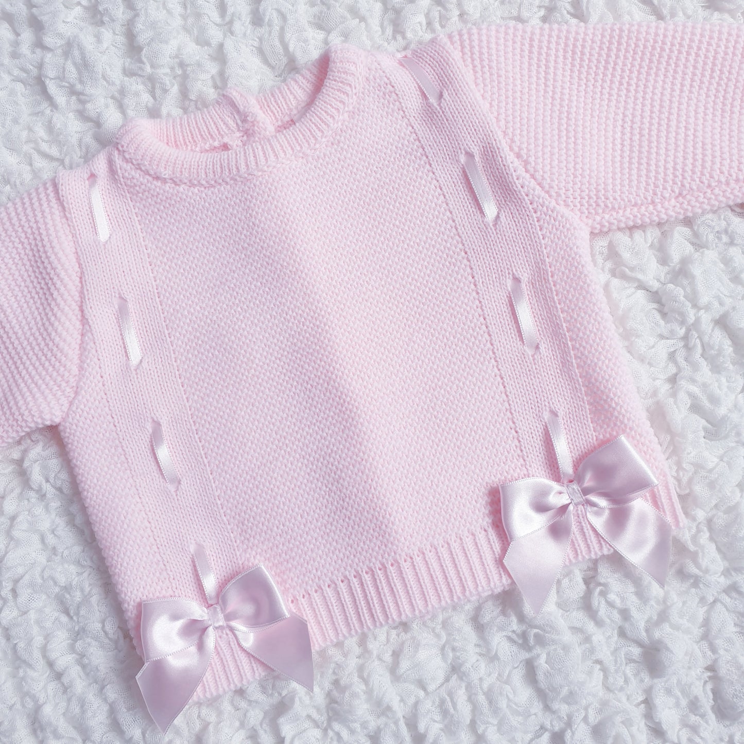 Baby Girls Pink Spanish Knitted Ribbon Slot Bow Jam Pants Set