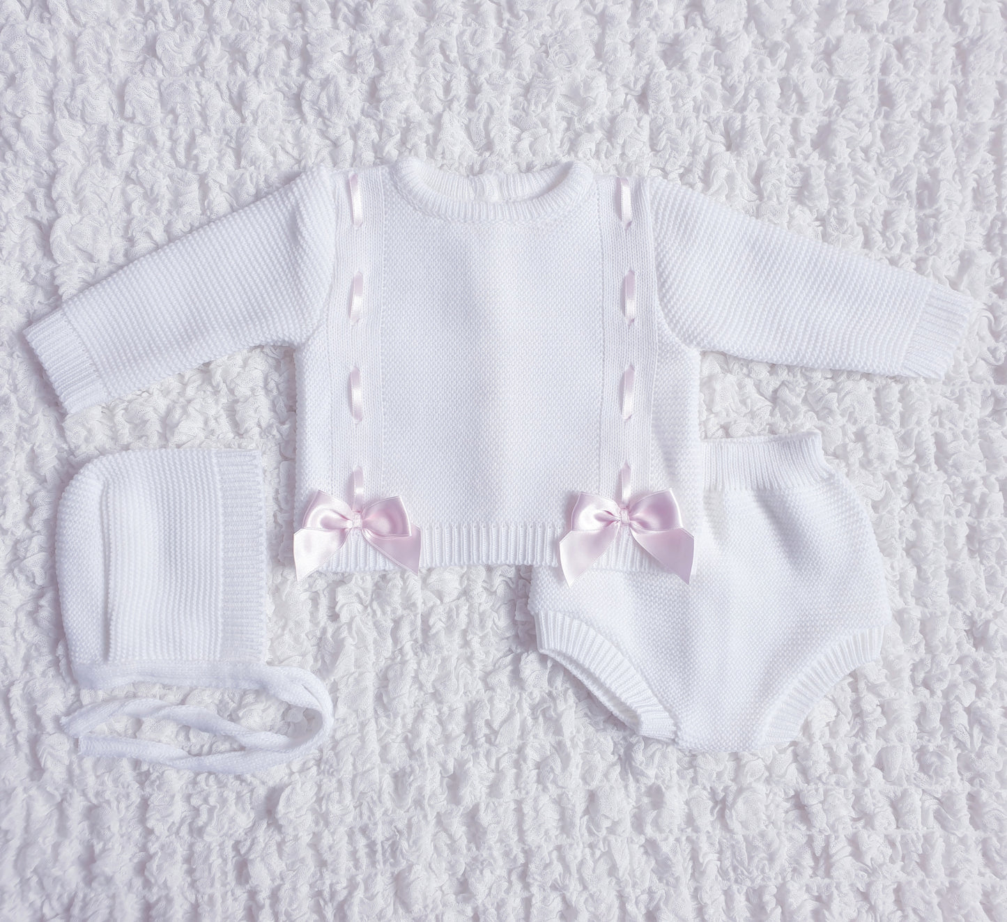 Baby Girls White/Pink Spanish Knitted Ribbon Slot Bow Jam Pants Set