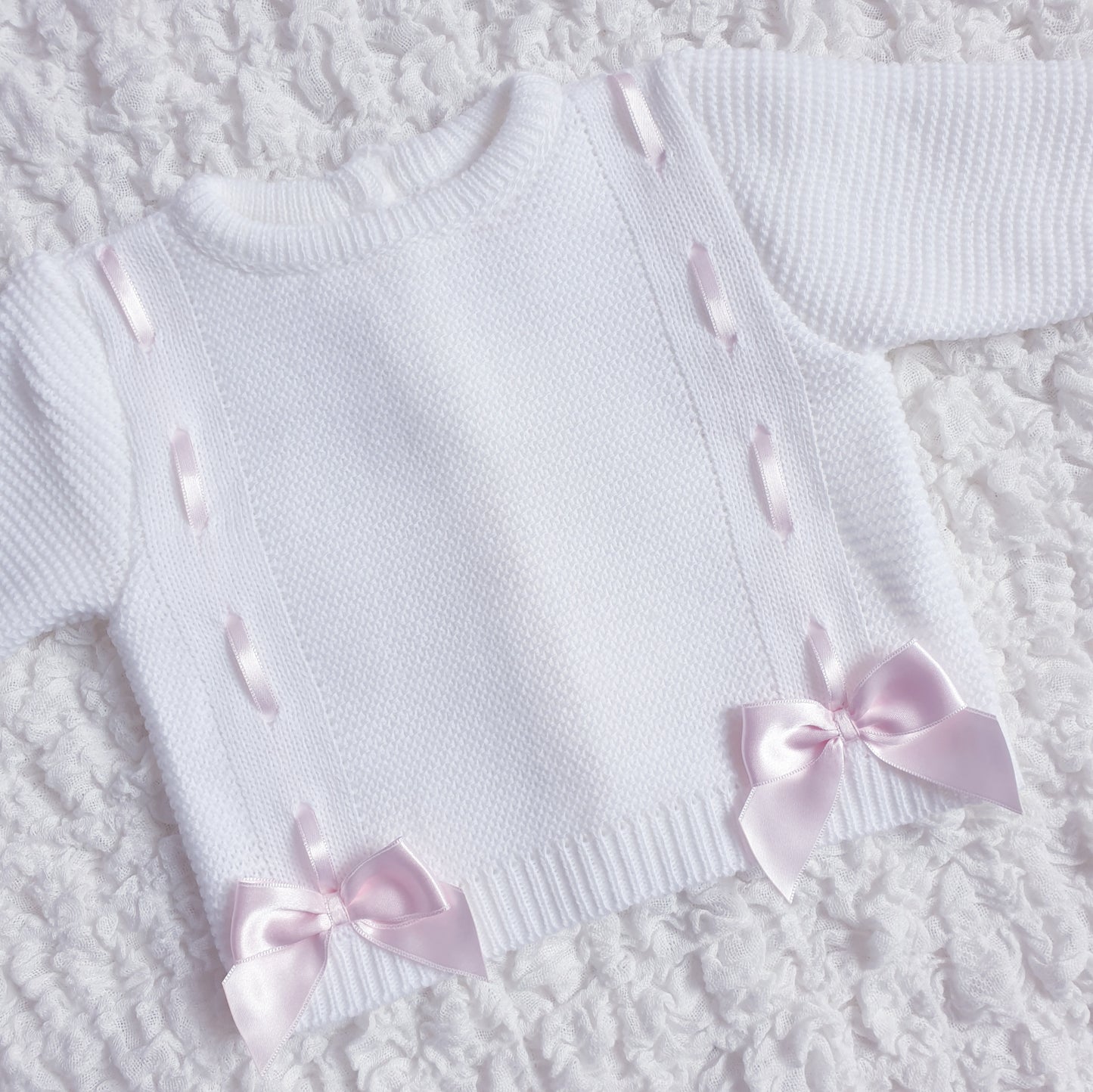 Baby Girls White/Pink Spanish Knitted Ribbon Slot Bow Jam Pants Set