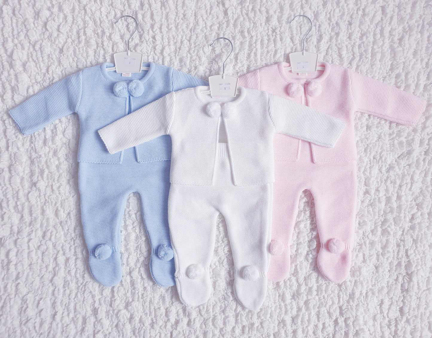 Baby Spanish Knitted Pom Pom Set Blue White Pink
