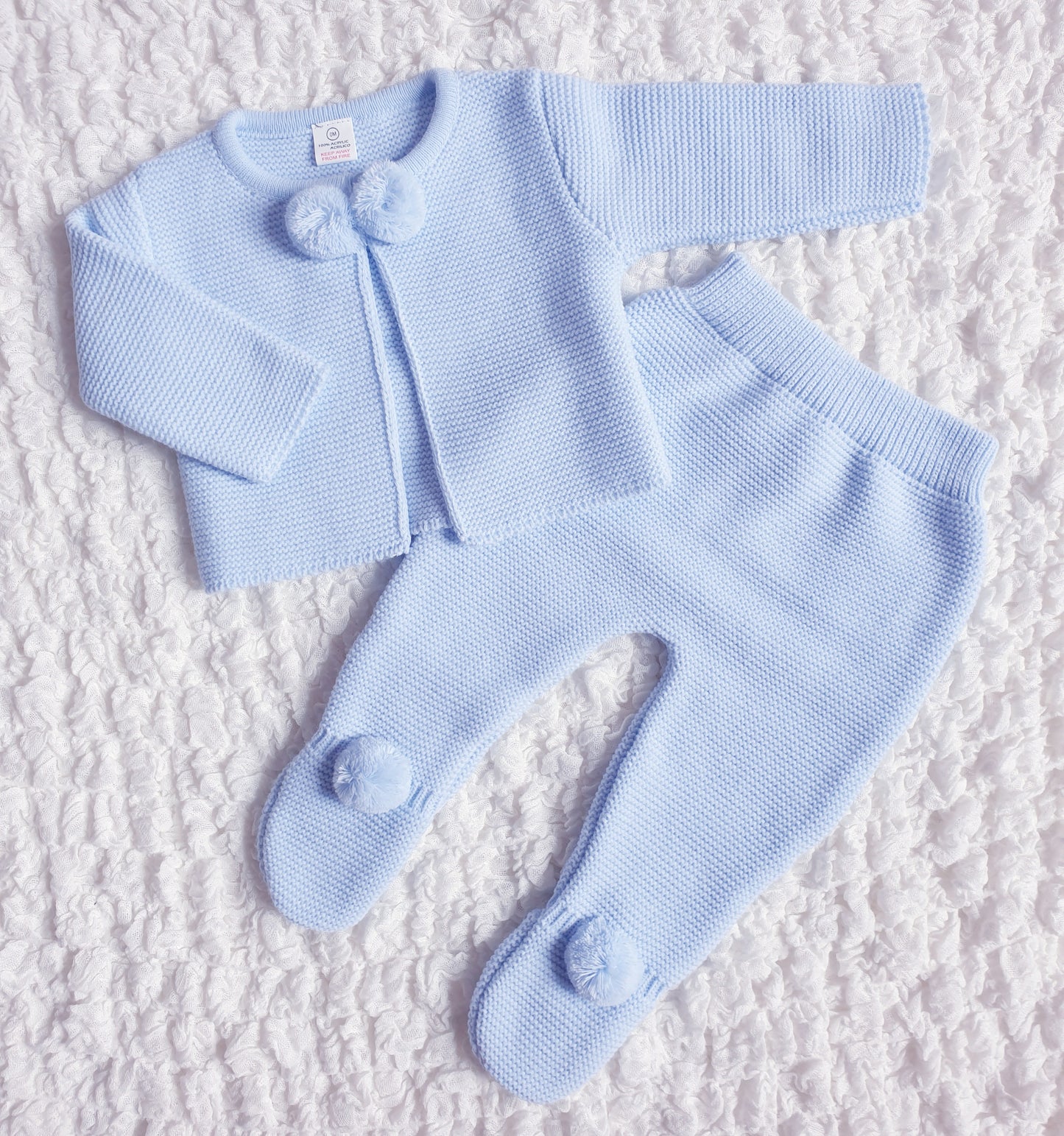Baby Spanish Knitted Pom Pom Set Blue White Pink