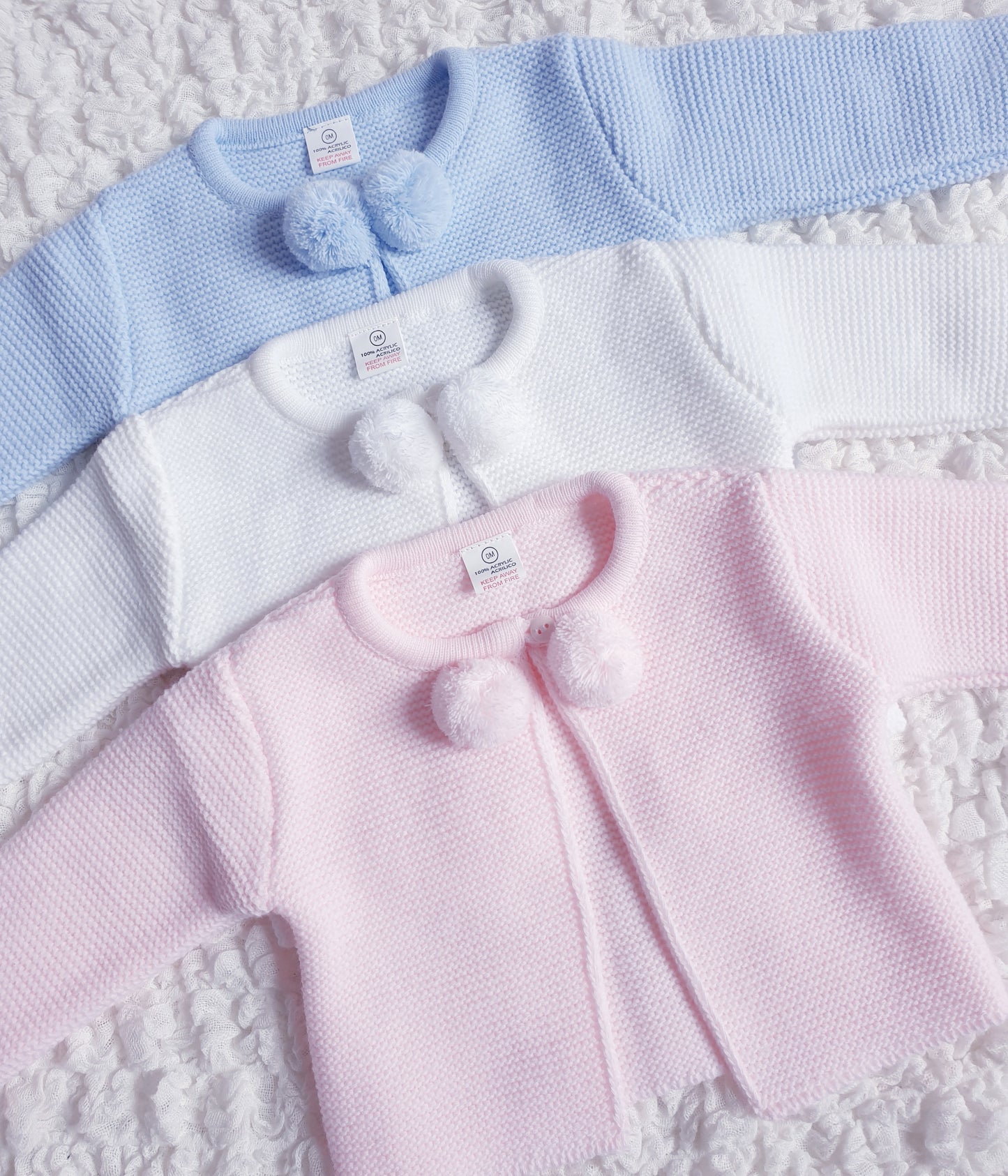 Baby Spanish Knitted Pom Pom Set Blue White Pink
