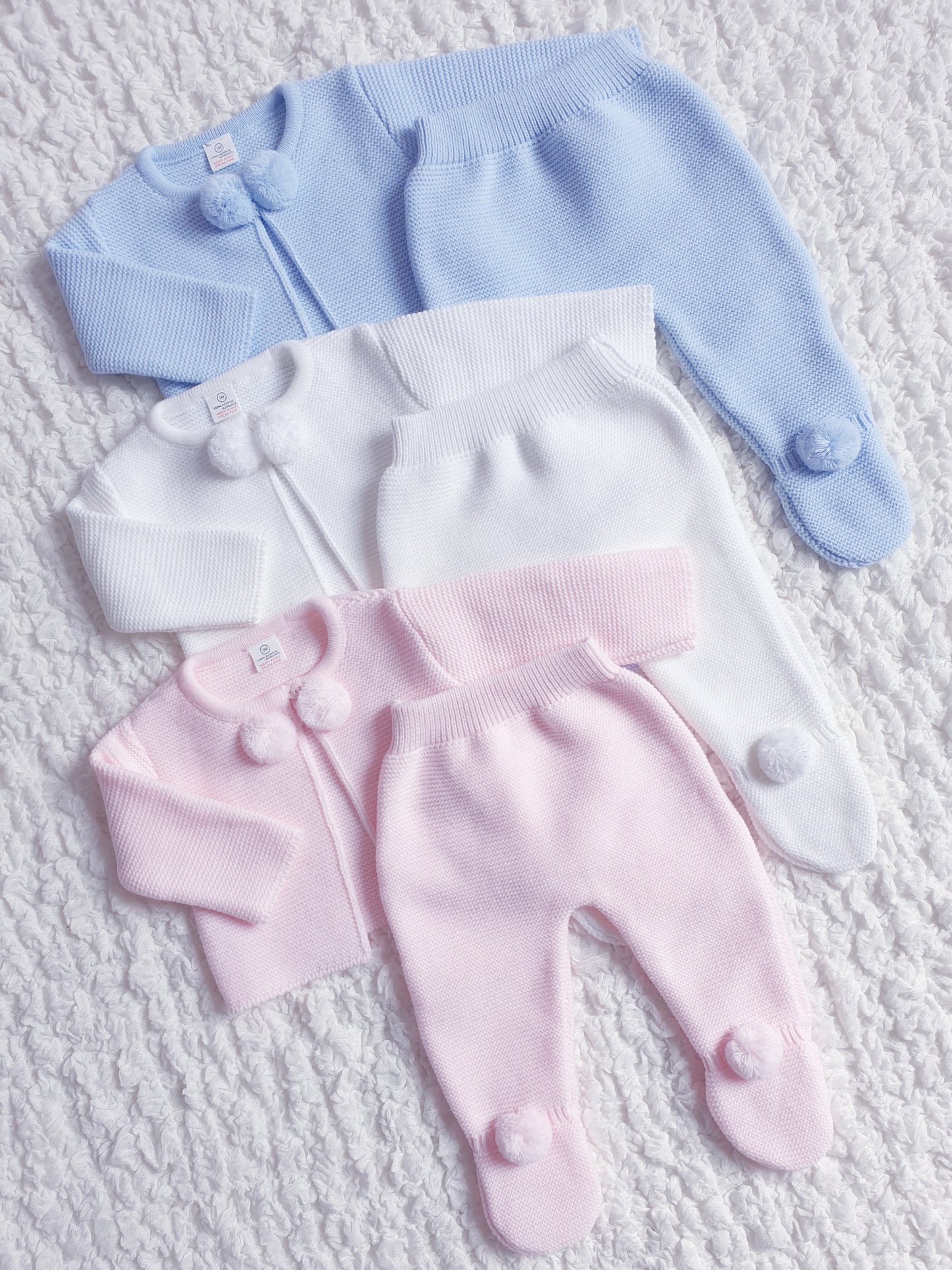 Baby Spanish Knitted Pom Pom Set Blue White Pink