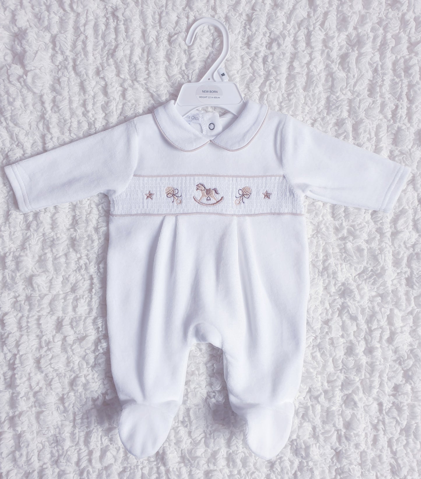 White Velour Rocking Horse Babygrow