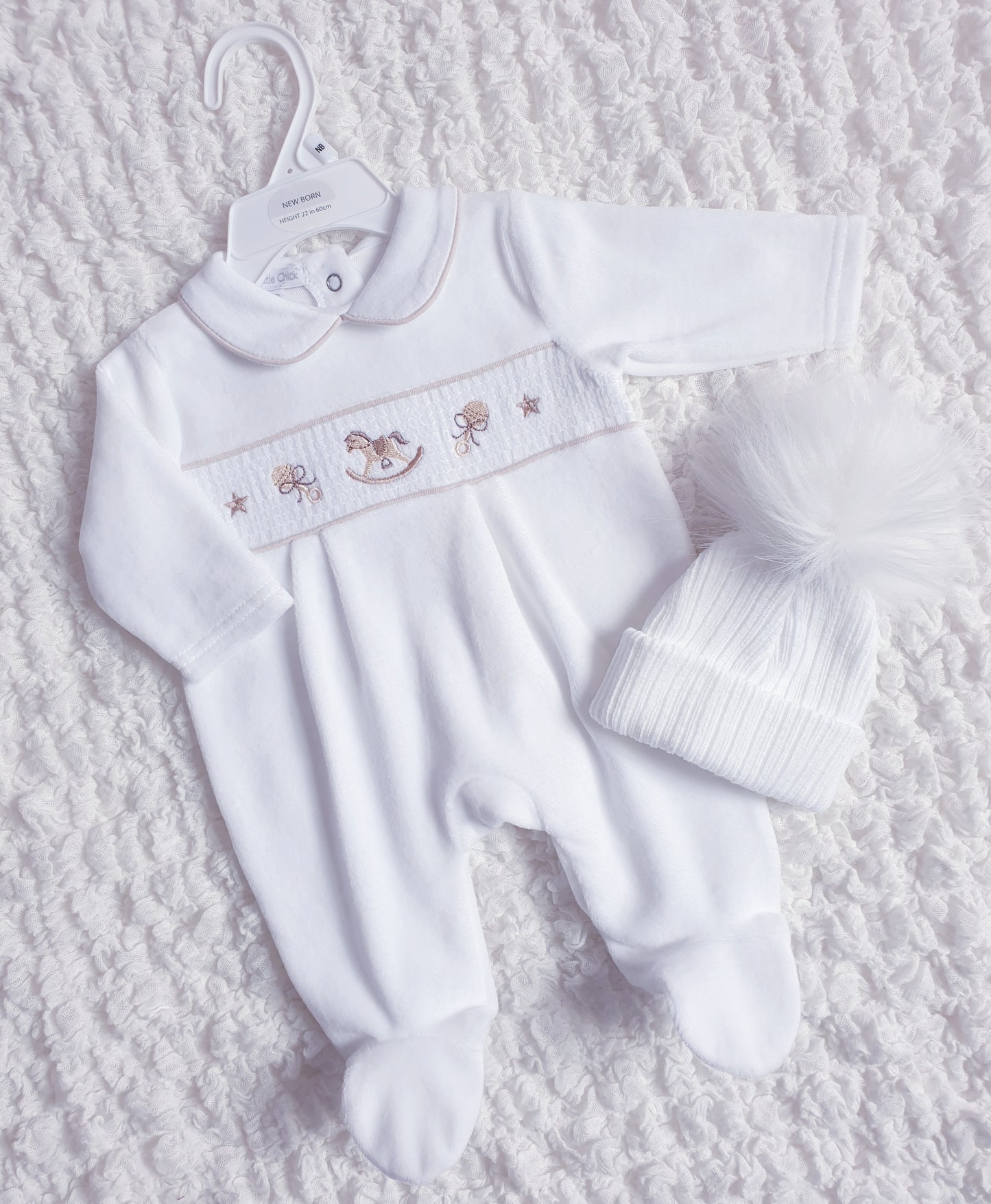 White Velour Rocking Horse Babygrow