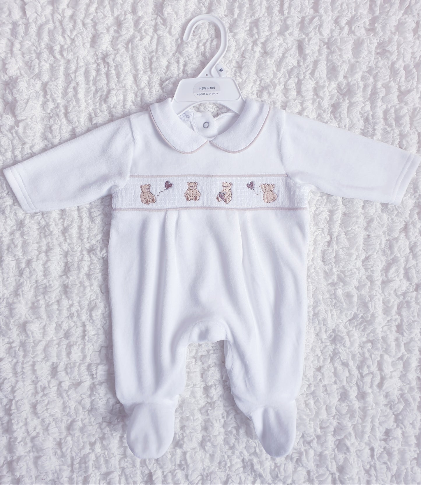 White Velour Teddy Babygrow