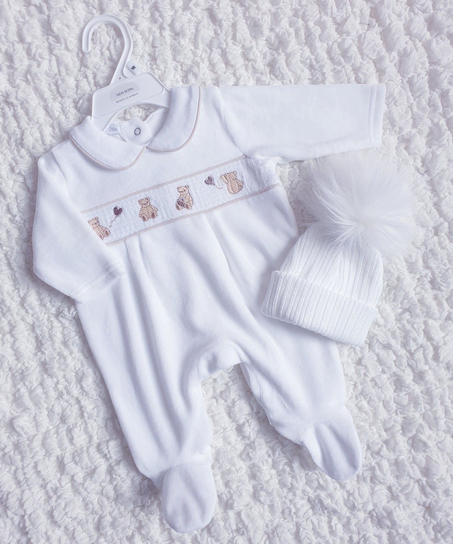 White Velour Teddy Babygrow