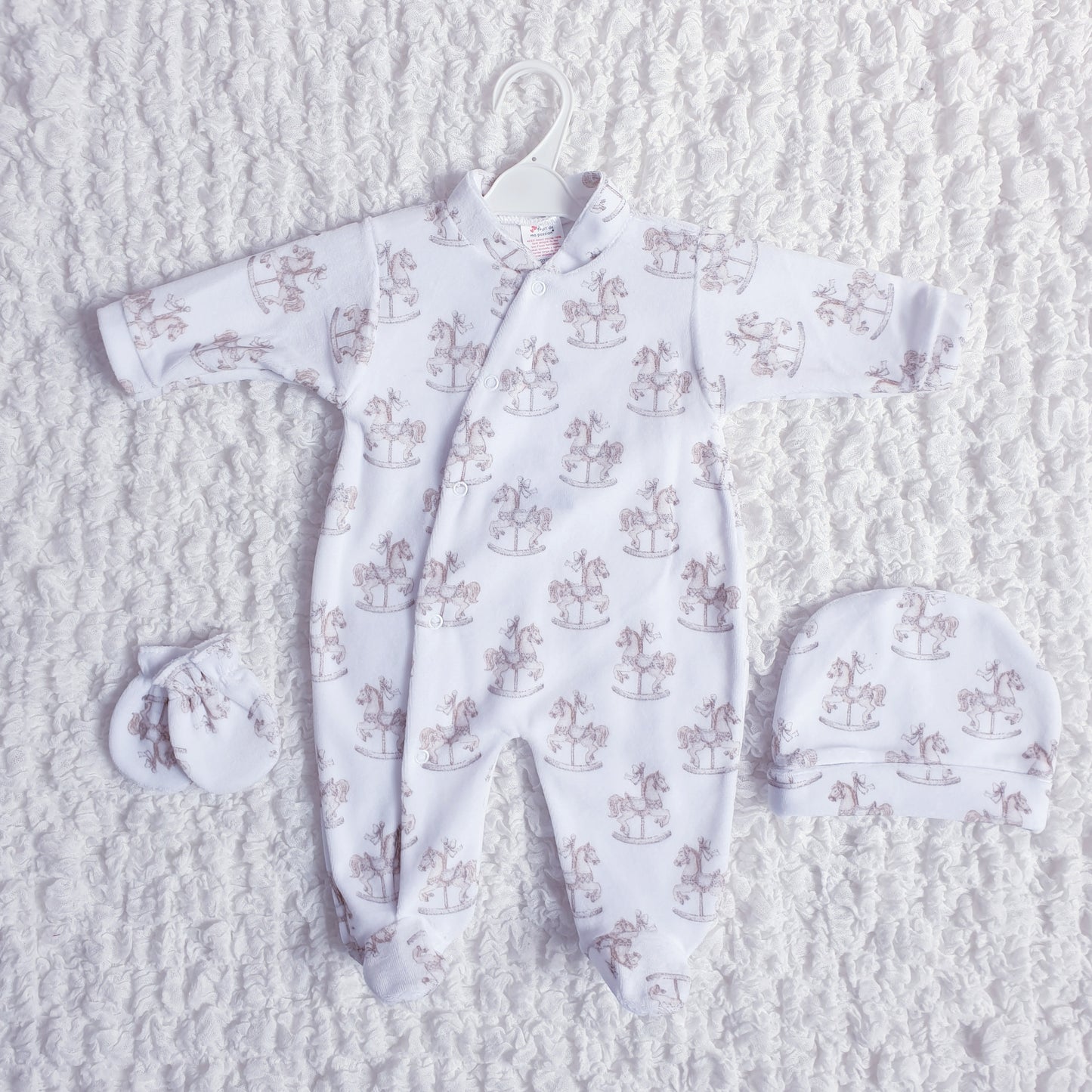 White Beige Velour Spanish Rocking Horse Babygrow Hat & Mits