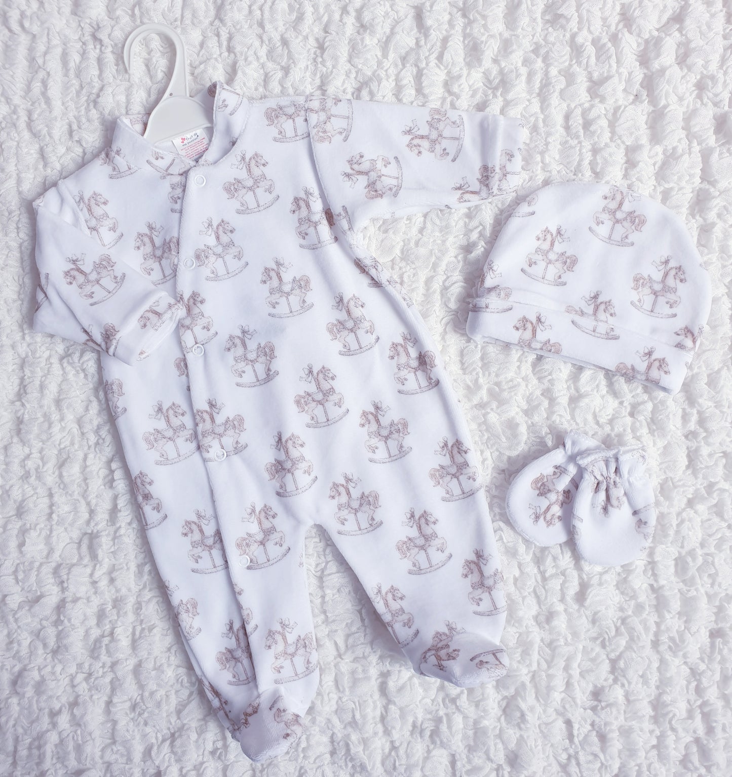 White Beige Velour Spanish Rocking Horse Babygrow Hat & Mits