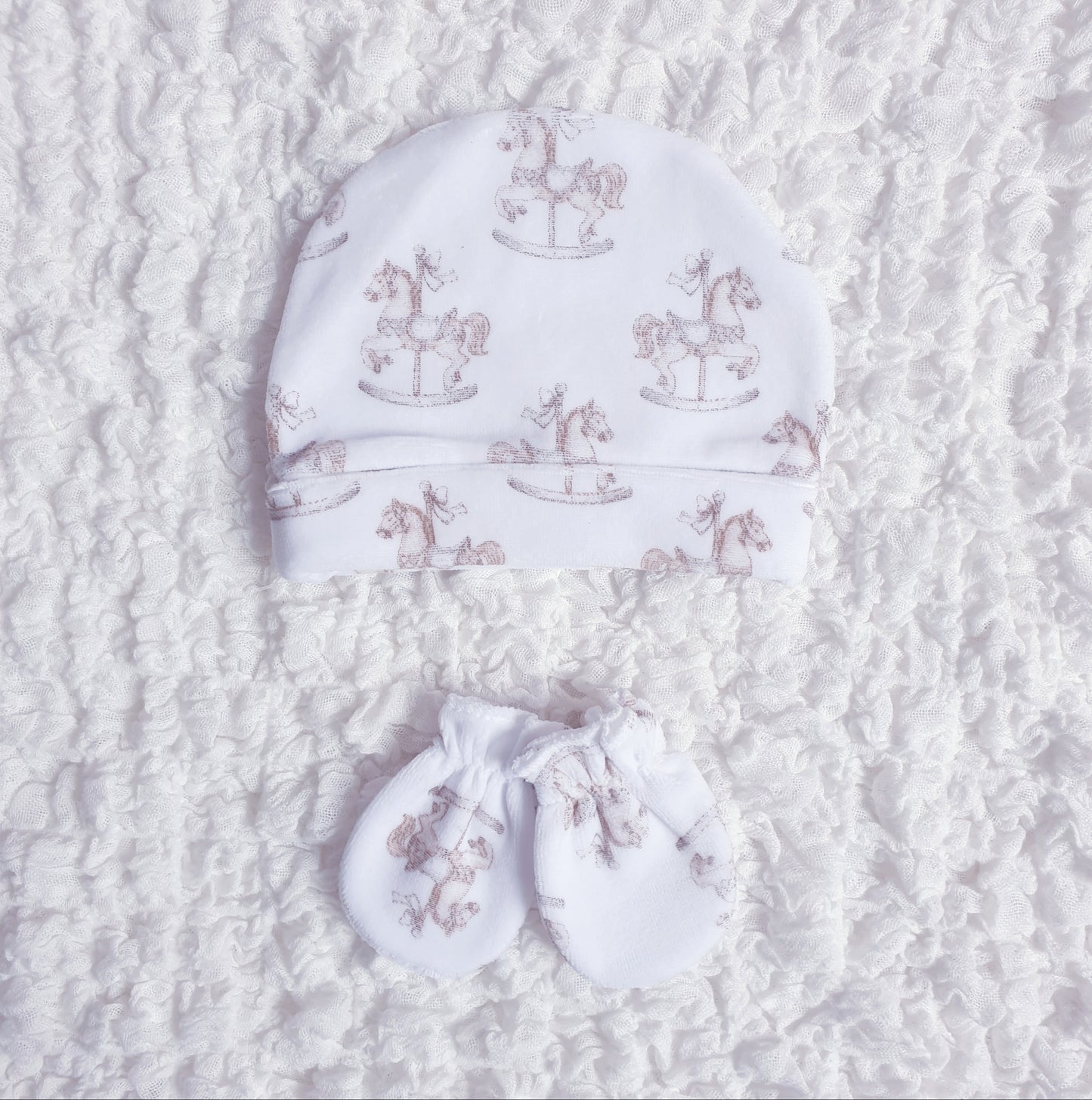 White Beige Velour Spanish Rocking Horse Babygrow Hat & Mits