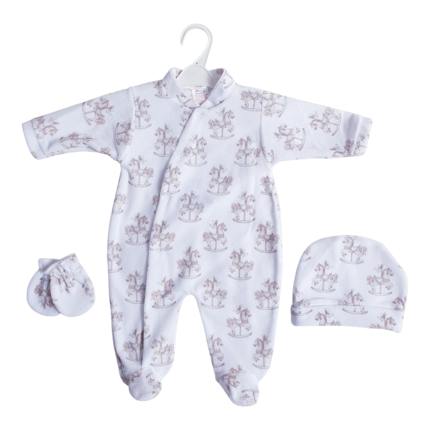White Beige Velour Spanish Rocking Horse Babygrow Hat & Mits