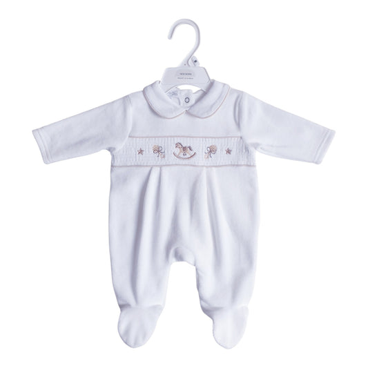 White Velour Rocking Horse Babygrow
