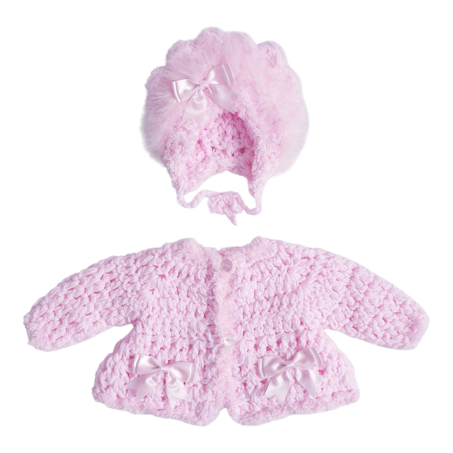 Baby Girls Pink Hand Knitted Cardigan & Hat Set