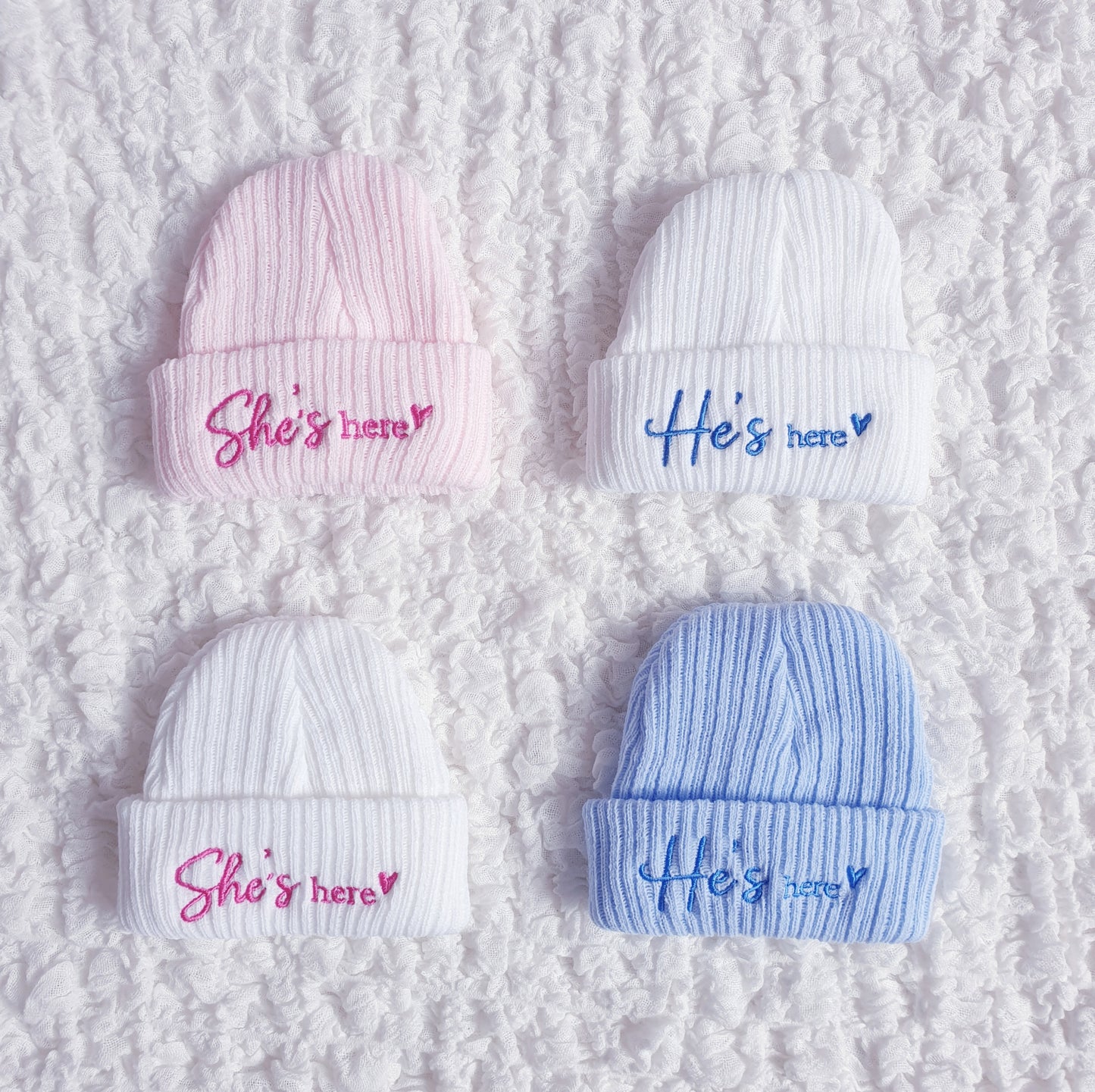 Newborn He"s/She's Here Hat