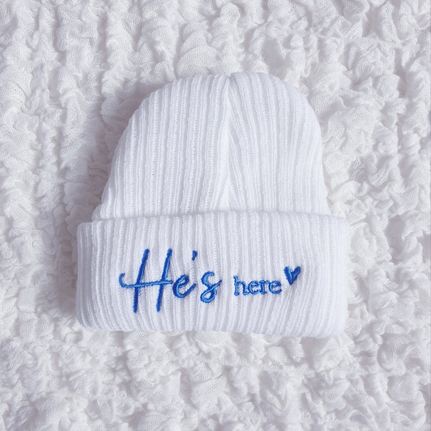 Newborn He"s/She's Here Hat