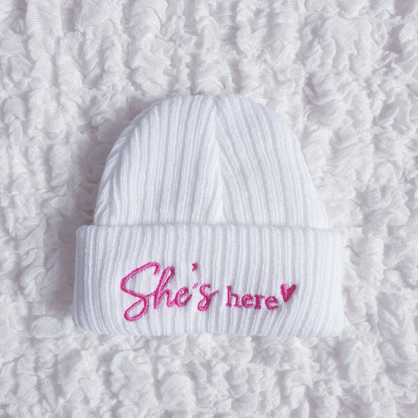 Newborn He"s/She's Here Hat