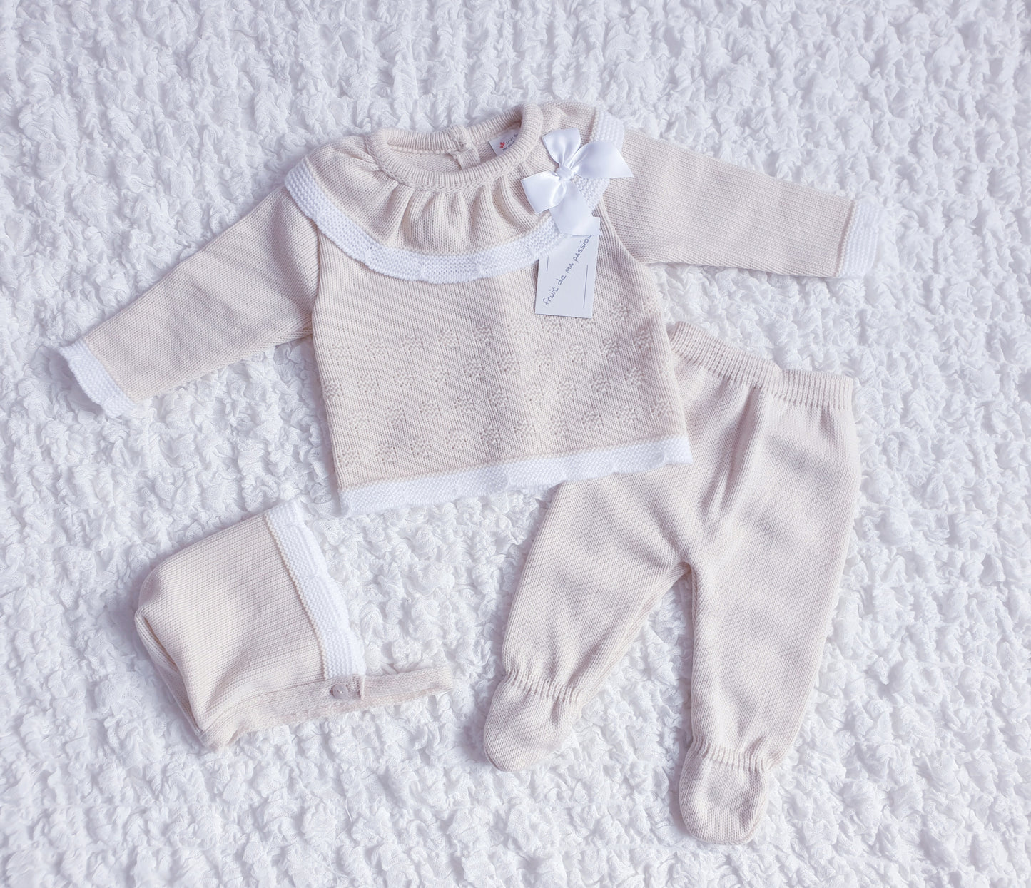 Baby Girls Beige Spanish Knitted 3 Piece Box Set