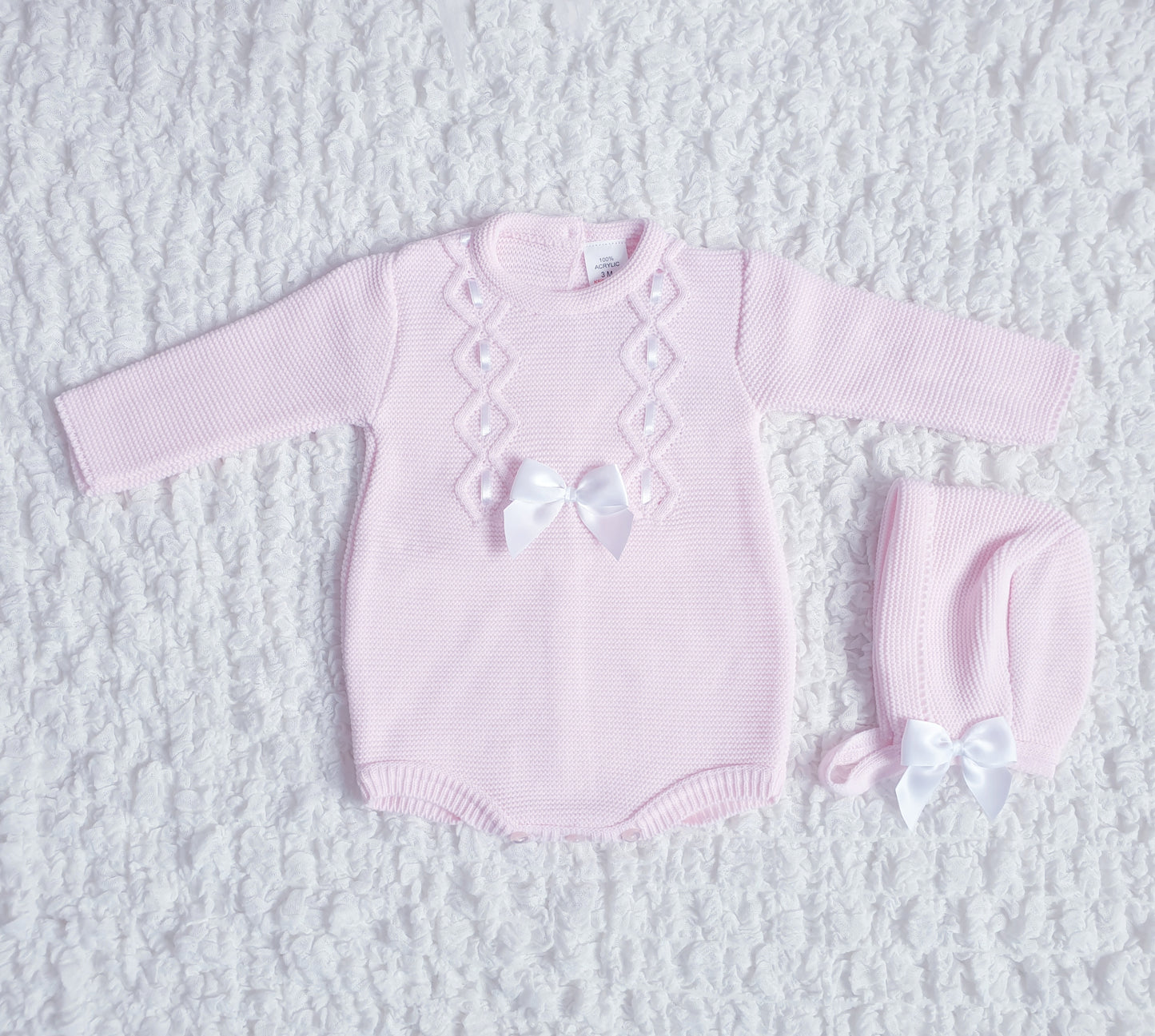 Baby Girls Ribbon Slot Knitted Romper & Bonnet
