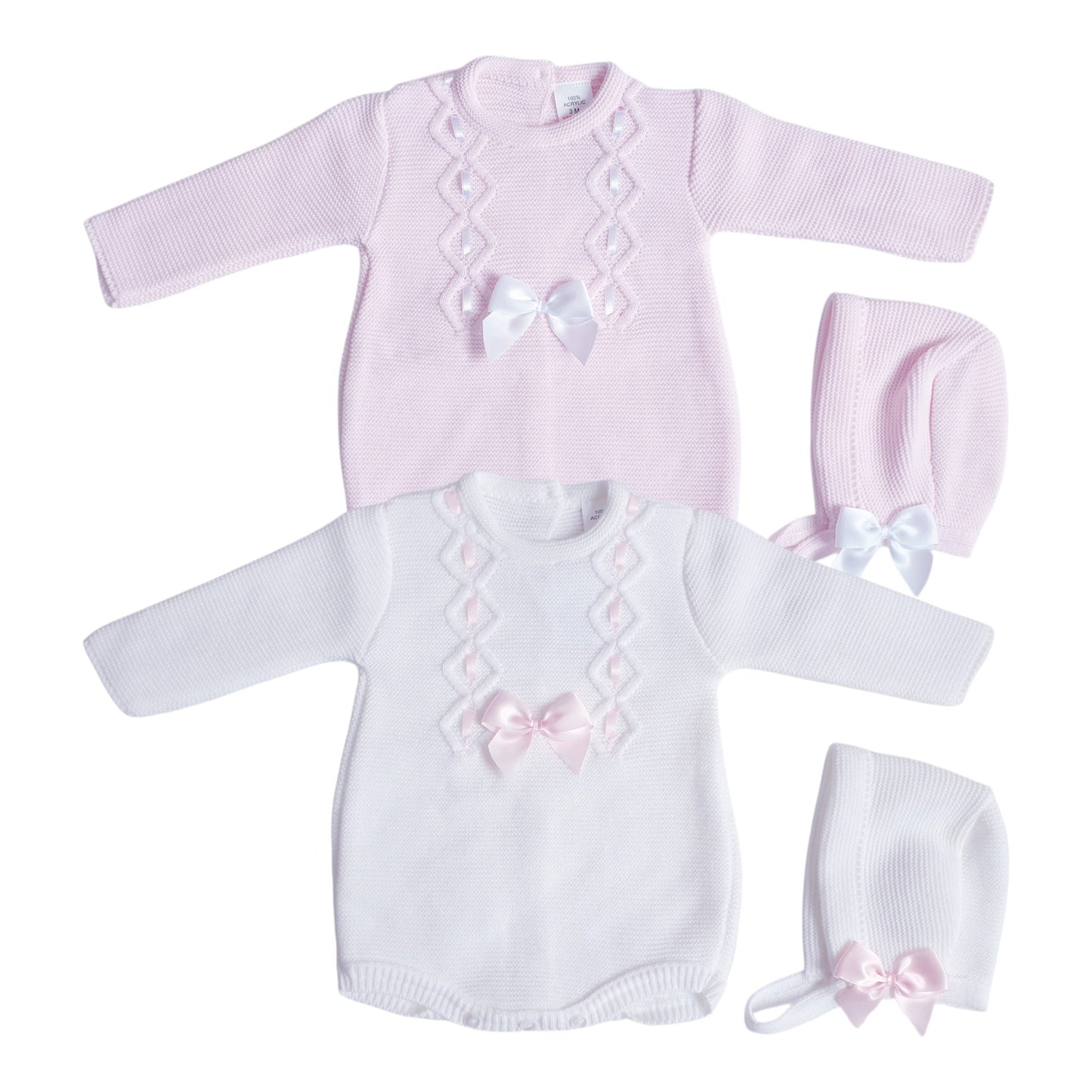 Baby Girls Ribbon Slot Knitted Romper & Bonnet