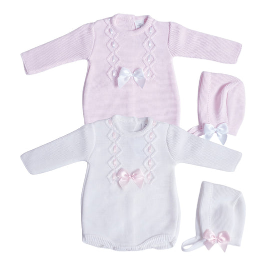 Baby Girls Ribbon Slot Knitted Romper & Bonnet
