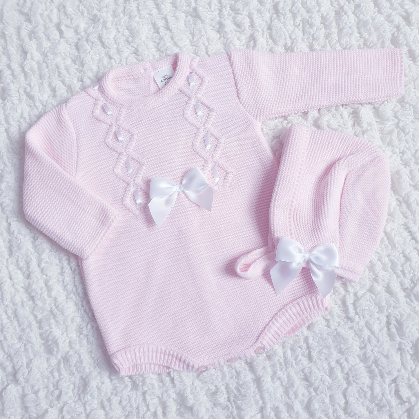 Baby Girls Ribbon Slot Knitted Romper & Bonnet