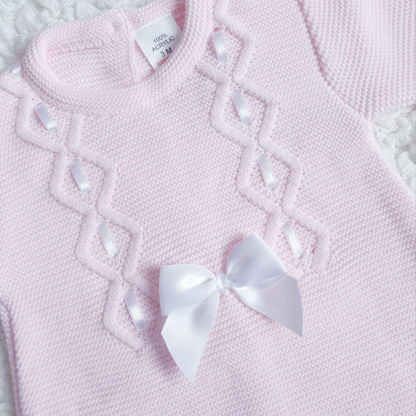 Baby Girls Ribbon Slot Knitted Romper & Bonnet