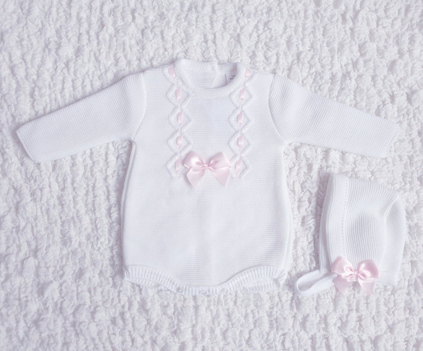 Baby Girls Ribbon Slot Knitted Romper & Bonnet