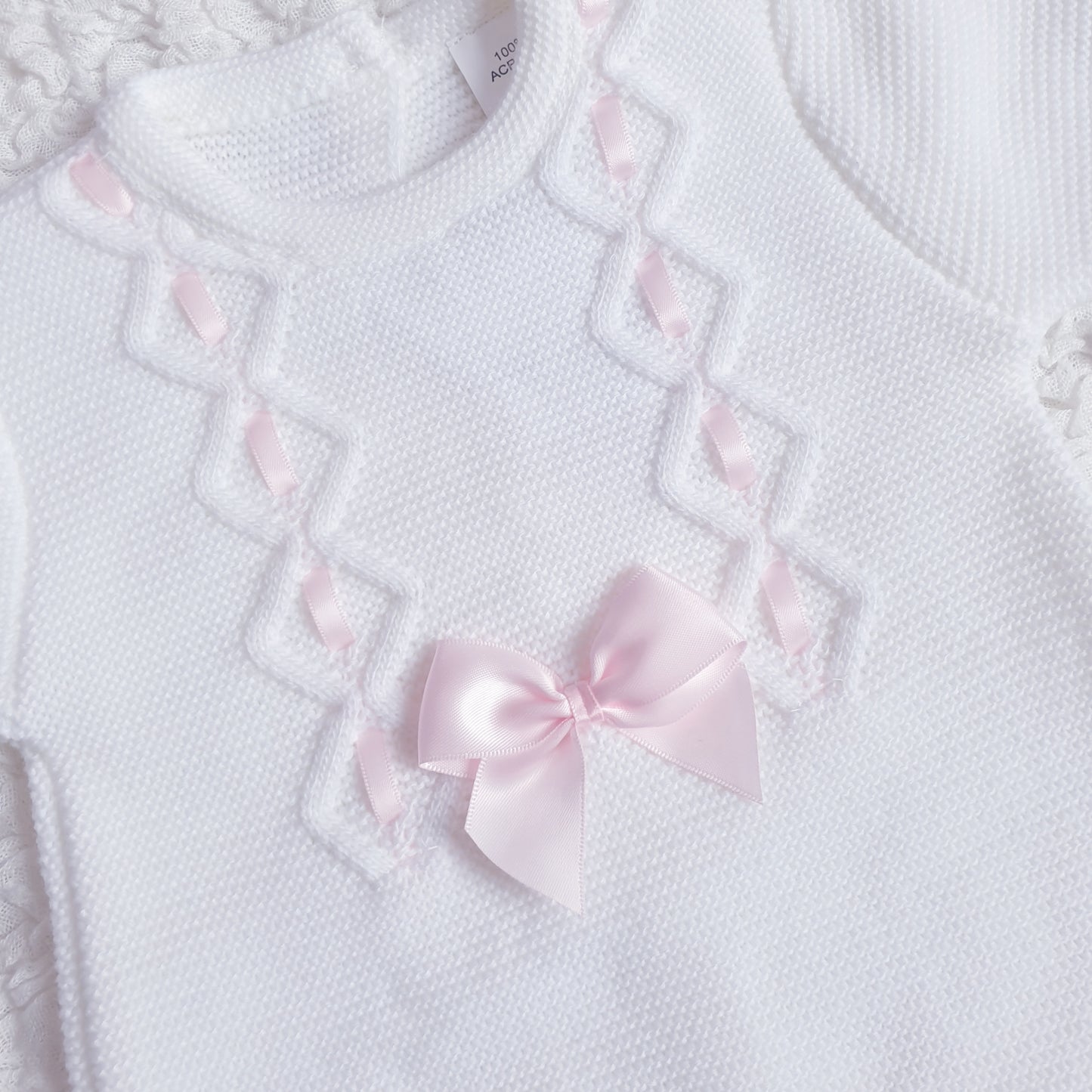 Baby Girls Ribbon Slot Knitted Romper & Bonnet