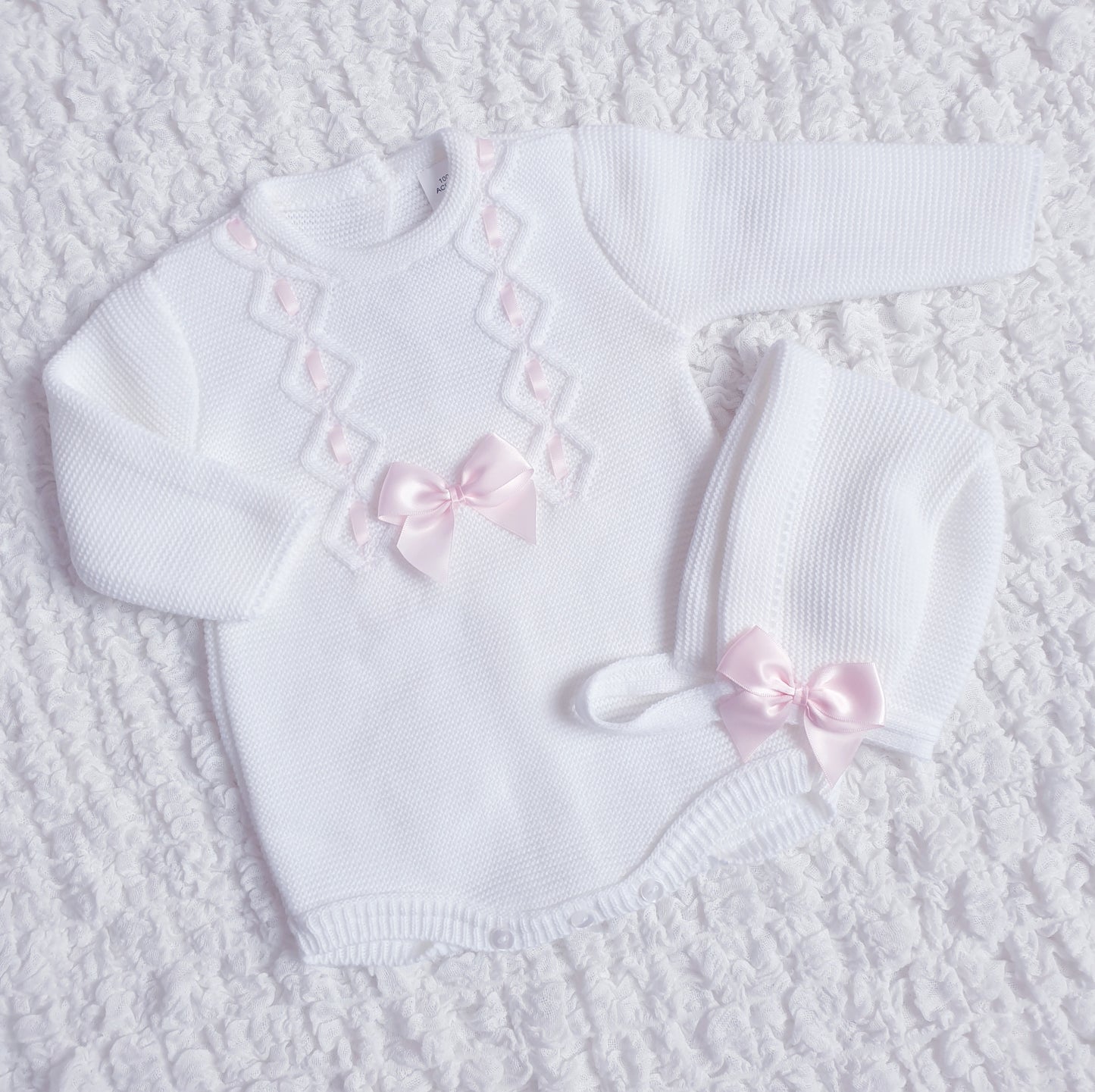 Baby Girls Ribbon Slot Knitted Romper & Bonnet