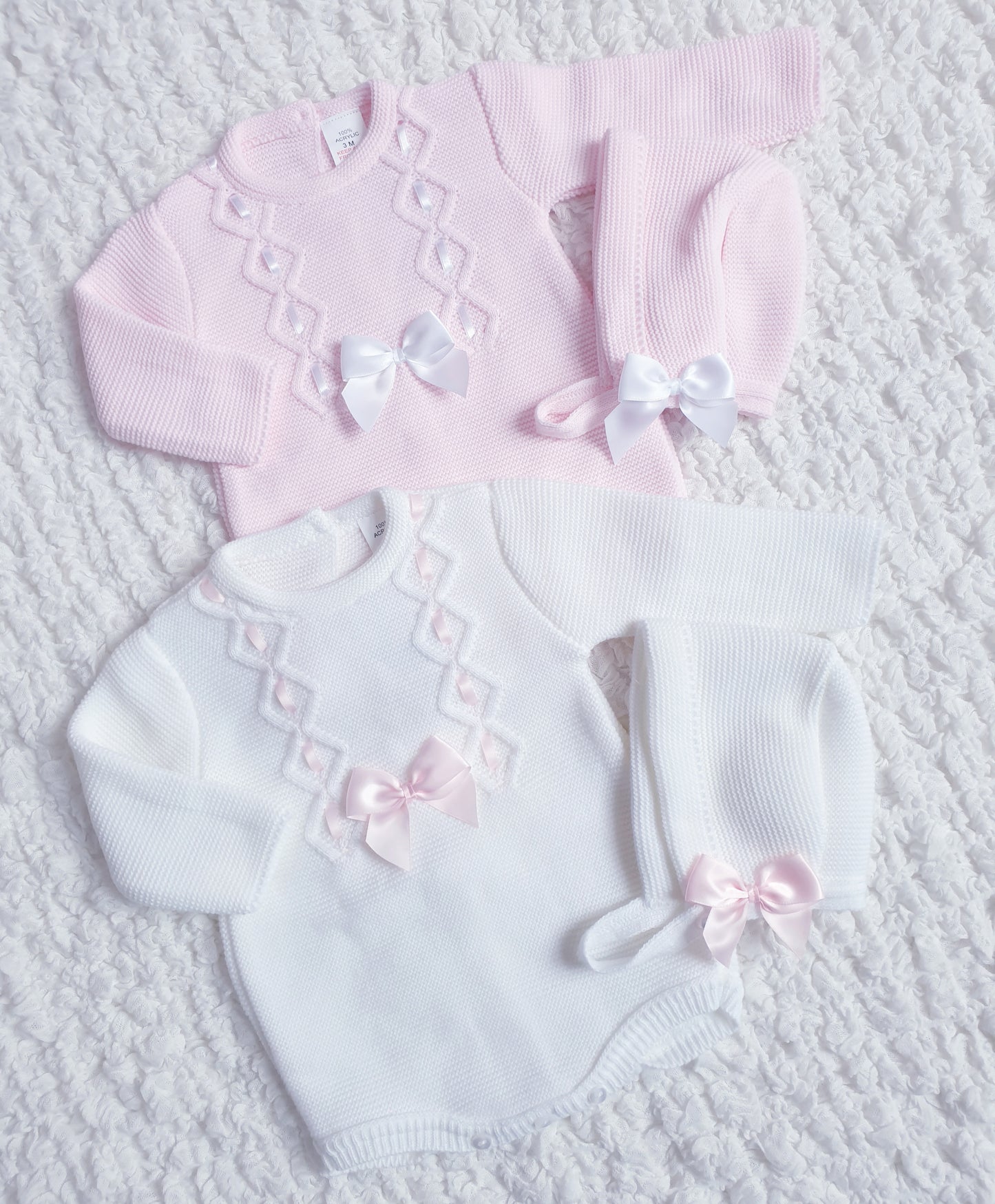 Baby Girls Ribbon Slot Knitted Romper & Bonnet