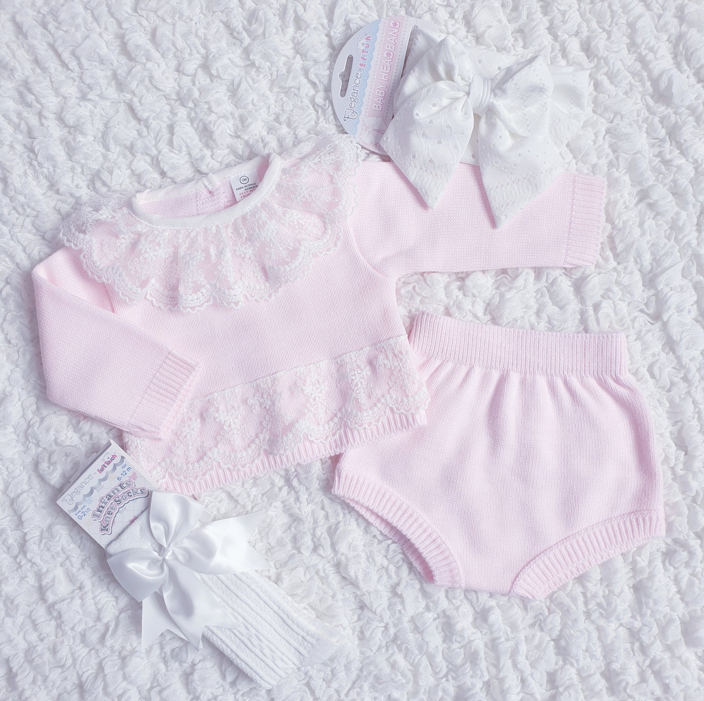 Baby Girls Pink Knitted Lace Jam Pants Set