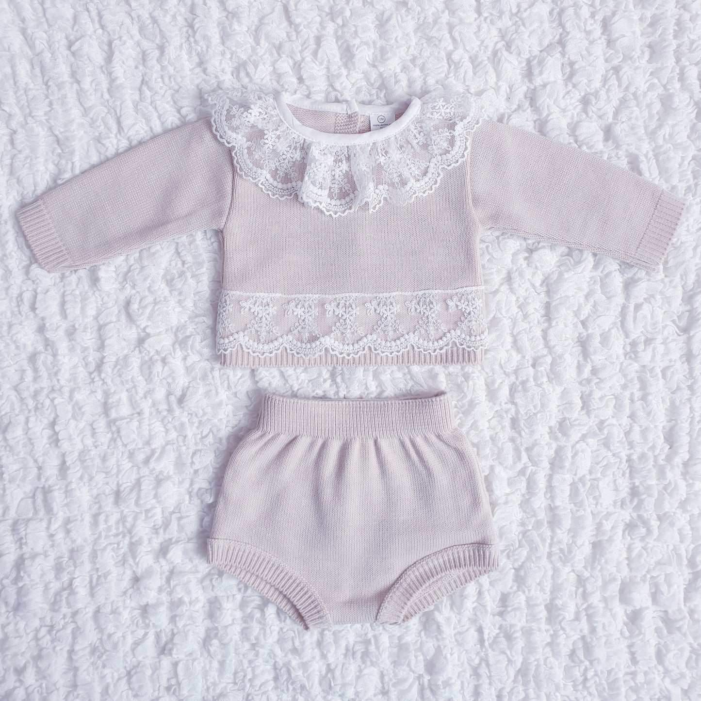 Baby Girls Beige Knitted Lace Jam Pants Set