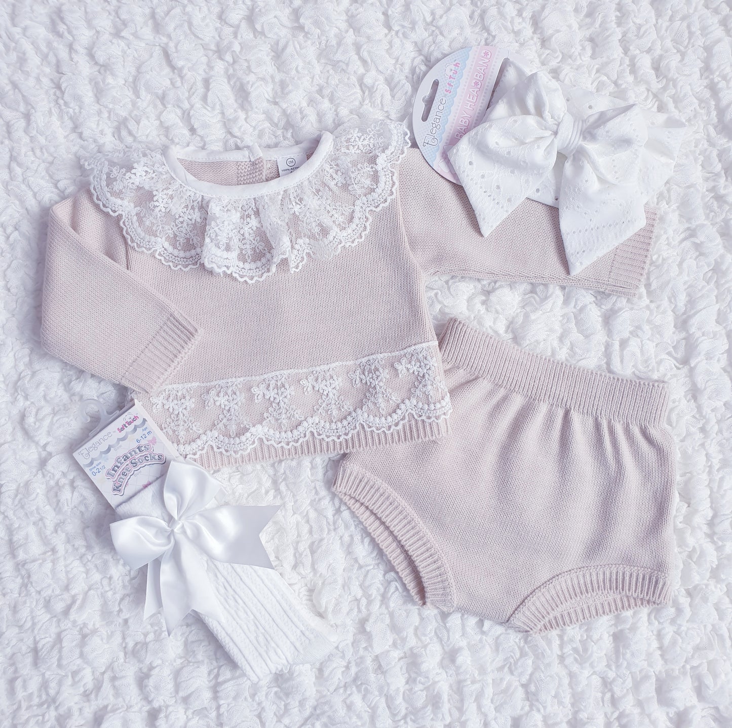Baby Girls Beige Knitted Lace Jam Pants Set