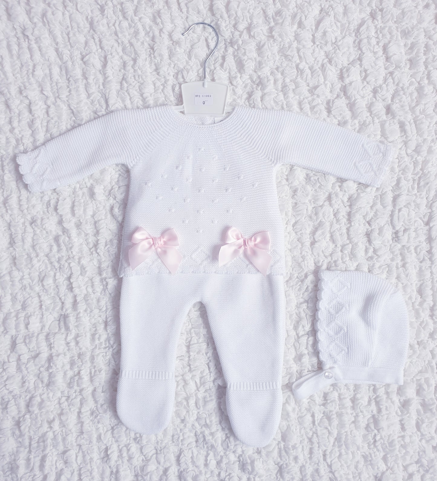 Baby Girls White Pink Double Bow Knitted Set