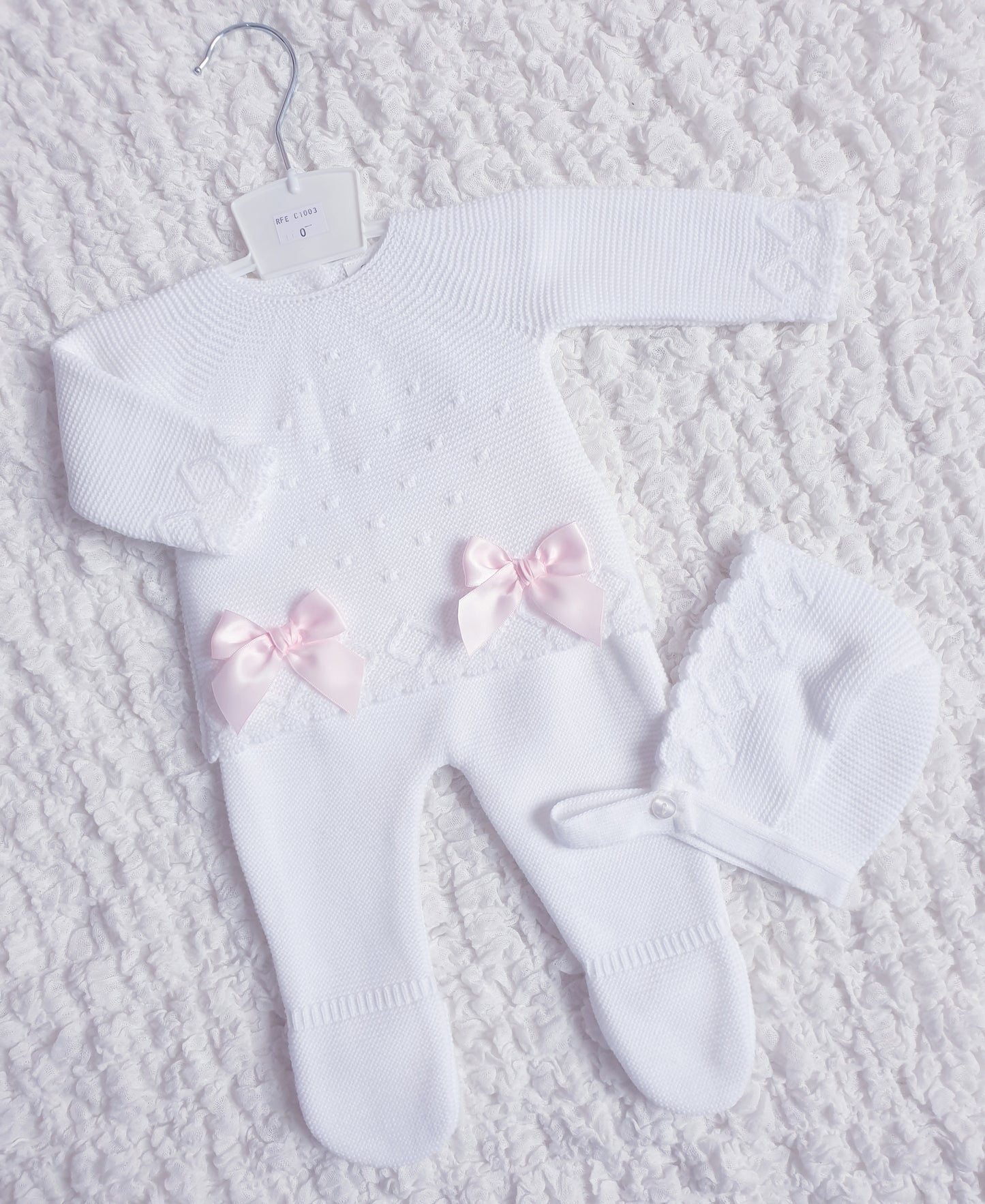Baby Girls White Pink Double Bow Knitted Set